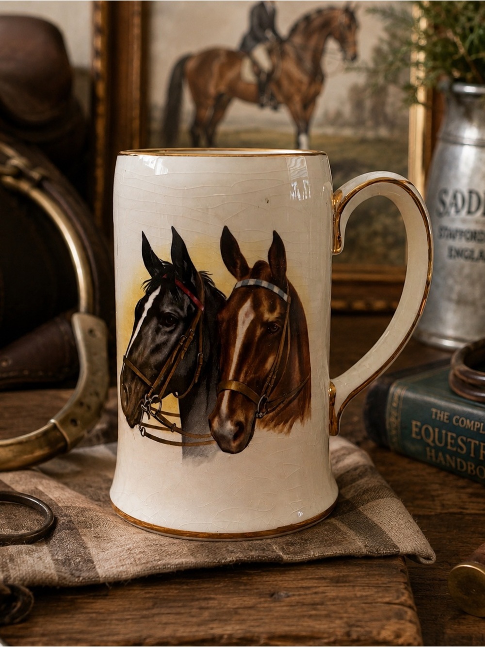 Vintage 50’s Sadler Equestrian Ceramic Mug - Cream W/Gold Trim Horses 5.5” Tall.